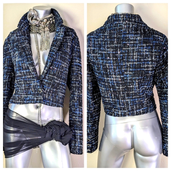"Bagatelle Collection" TWeed Cropped Dark Academia Sparkling One Button Jacket - Picture 4 of 10